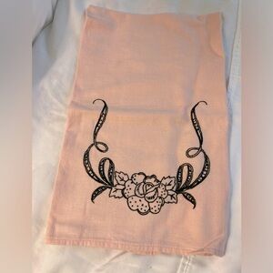 Hand Embroidered Hand-towel. Pretty pink w black embroidery.  20x27” NWOT
